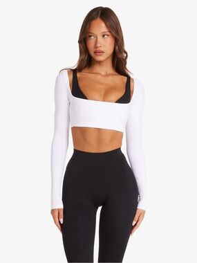 Crop Shop Boutique White Long-Sleeve Crop Top with Black Underlay